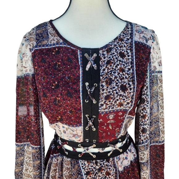 Patchwork Bohemian Dress Burgundy Long Sleeve Boho Style - Picture 3 of 5
